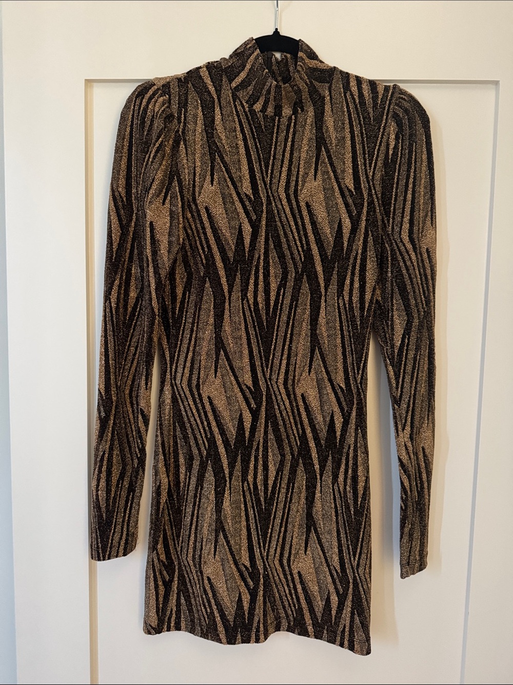 Aqua Black and Tan Patterned Turtleneck Dress